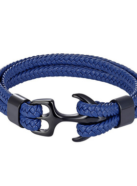 欧美男士手镯黑色牛皮编织船锚不锈钢真皮手链皮绳编织男士皮钛钢