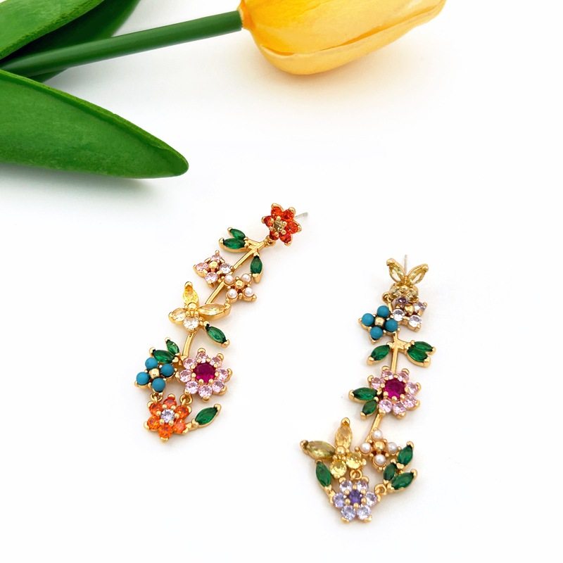 法式复古彩色锆石花朵耳坠不对称长款耳钉质感气质优雅耳饰女,淘宝优惠券,粉丝福利购,淘宝优惠卷