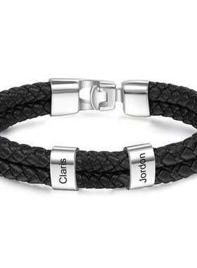 男士皮革手链黑色编织皮绳姓名刻字手链男士双层不锈钢刻字手链
