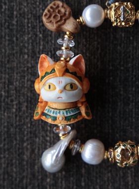 原创天然老珍珠搭配鹿角根付法老猫流体大漆珠牛骨阿呆牌