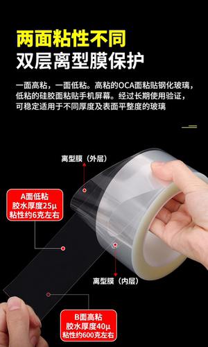 超薄款AB强弱双面胶带高透明耐温OCA光学胶自带双层离型膜双面胶不留痕手机屏幕贴合 - 图0
