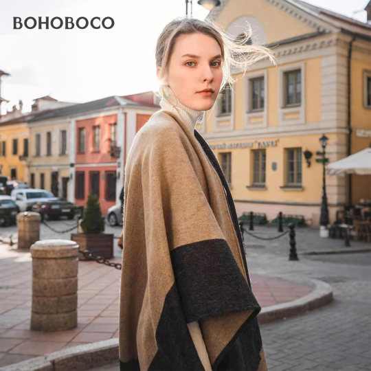 高端纯羊毛斗篷式披肩外搭女春秋冬季厚款保暖外套双面双色披风