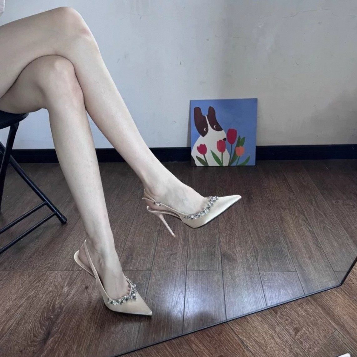 2025春新款仙女法式气质单鞋黑漆皮包头凉鞋女高跟鞋细跟尖头水钻,淘宝优惠券,粉丝福利购,淘宝优惠卷