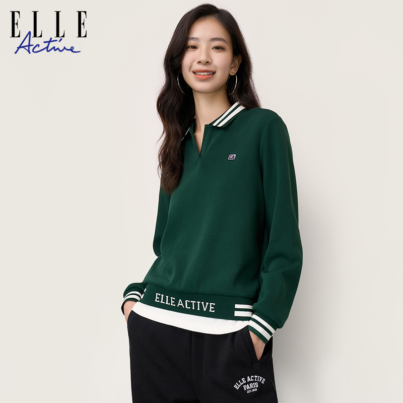 ELLE Active2023秋冬新款白色运动休闲polo领卫衣女宽松长袖上衣