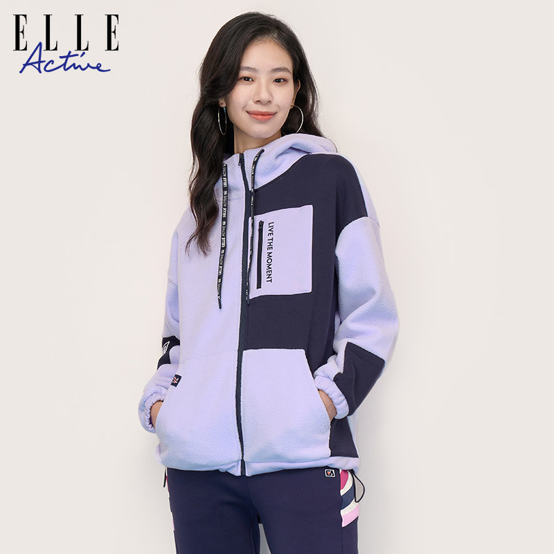 ELLE Active2023秋冬款紫色仿羊羔绒外套女运动摇粒绒保暖夹克