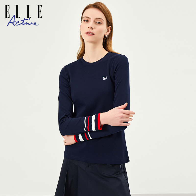 ELLE Active2024春季新款纯棉内搭简约圆领T恤长袖上衣打底衫女-图1