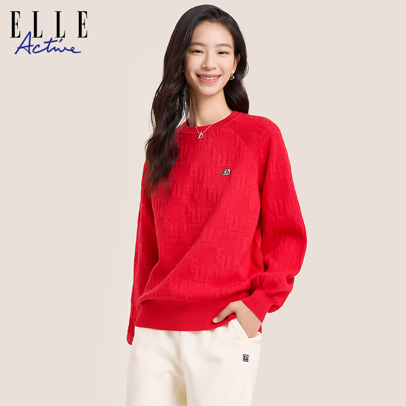 ELLE Active2023秋冬款灯笼袖毛衣女气质新年红色满印提花针织衫