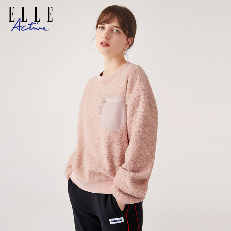 ELLE Active2023秋冬款圆领厚加绒卫衣女粉色宽松仿羊羔毛上衣 - 图0