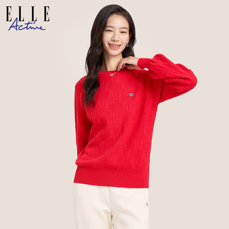 ELLE Active2023秋冬款灯笼袖毛衣女气质新年红色满印提花针织衫