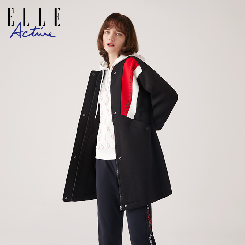 ELLE Active2023秋冬款中长款加绒外套女加厚保暖运动黑色大衣