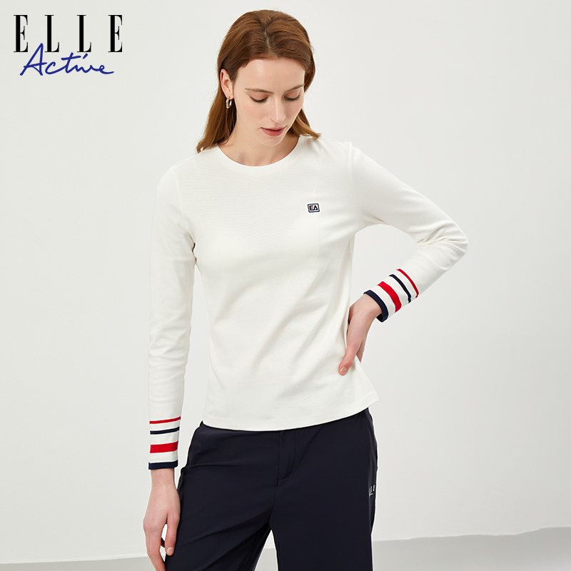 ELLE Active2023秋冬新款条纹圆领纯棉T恤白色打底长袖T恤上衣-图0