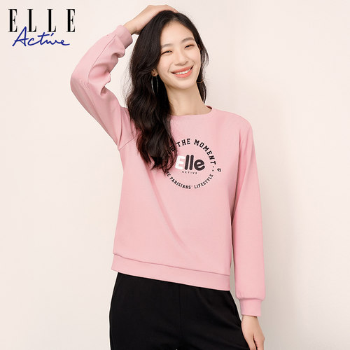 ELLE Active女装新款红色卫衣休闲运动上衣印花字母圆领长袖内搭 - 图2