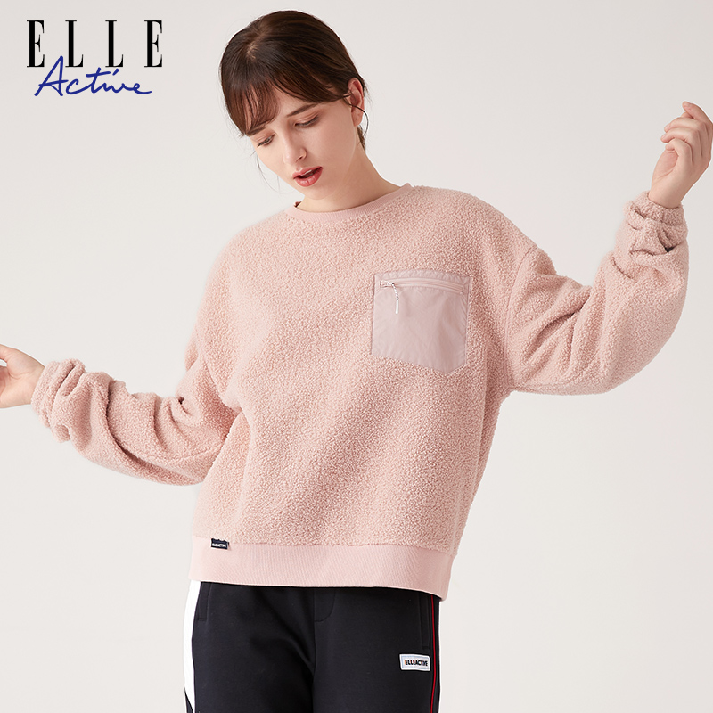 ELLE Active2023秋冬款圆领厚加绒卫衣女粉色宽松仿羊羔毛上衣 - 图1