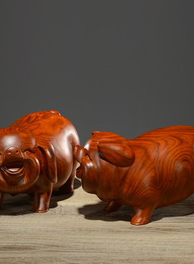花梨木雕猪摆件一对实木雕刻发财猪十二生肖猪客厅红木工艺品装饰