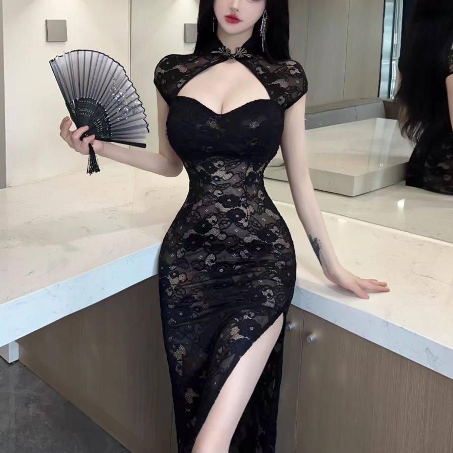 300斤MM性感蕾丝低胸网纱透视镂空辣妹显身材长裙开叉旗袍连衣裙,淘宝优惠券,粉丝福利购,淘宝优惠卷