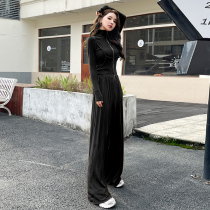 Casual Sports Suit Women Spring 2024 New Black Short blouses pair with straight cylinder wide-legged pants Two sets