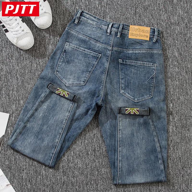 潮牌夏季蓝色九分男修身弹力牛仔裤 pagatuteng牛仔裤