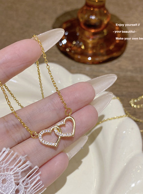 新款不掉色钛钢项链女百搭高级感爱情锁骨链网红颈链心心相印吊坠