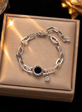 新品不锈钢单钻罗马数字手链女in百搭粗链高品质不掉色手饰