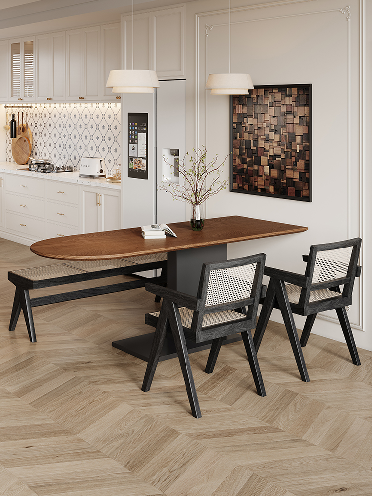 法式复古半圆岛台餐桌一体2024新款客厅中古风纯实木餐桌子椭圆形