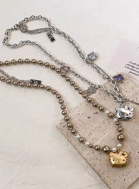 日系kitty猫千禧可爱项链甜酷风亚克力串珠凯蒂锁骨辣妹闪钻配饰