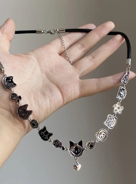 可爱卡通涂鸦猫咪项链小众设计童趣吊坠甜酷风颈链甜美闺蜜锁骨链