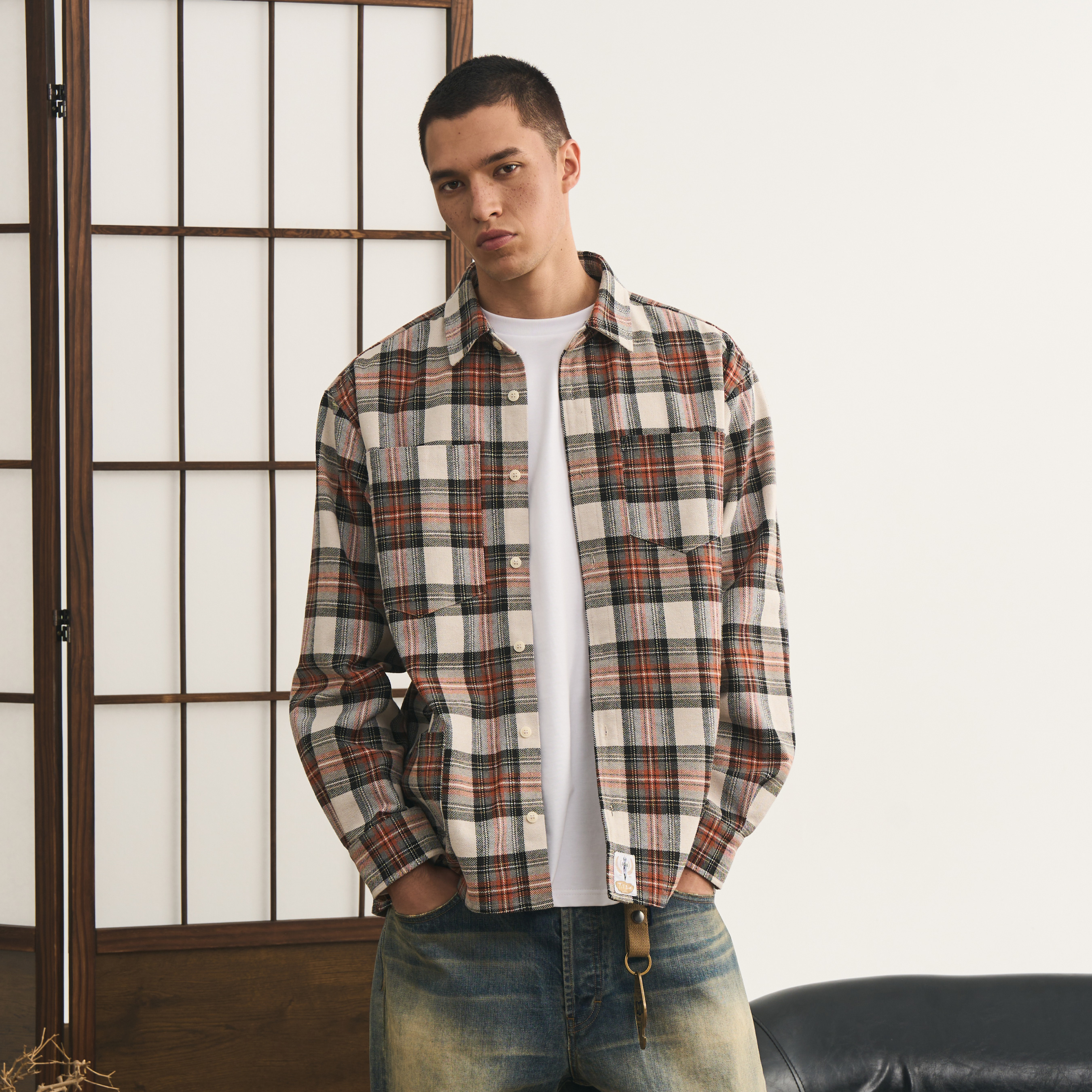 TIRES 24AW日系复古多口袋绒格子衬衫外套宽松休闲长袖厚衬衣男女 - 图2