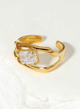 银饰品开口戒指锆石镶嵌女ins风轻奢小众设计韩版925纯青岛