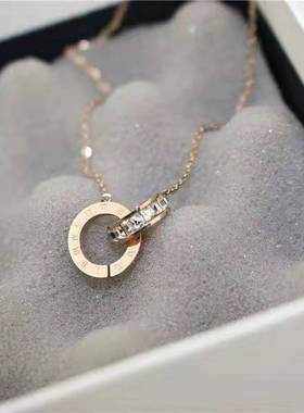 双环扣钛钢玫瑰金项链女个性锁骨链气质简约韩版吊坠项饰