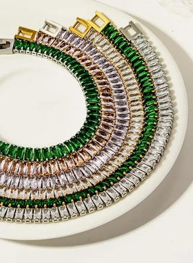 INS流行轻奢不锈钢18K镶嵌锆石爪链网球链高级珠宝扣女士彩色手链