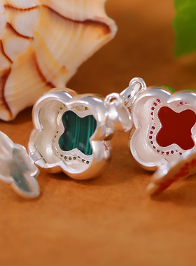 S925银孔雀石四业嘎乌盒吊坠民族风藏式镶嵌红玛瑙情侣款可打开