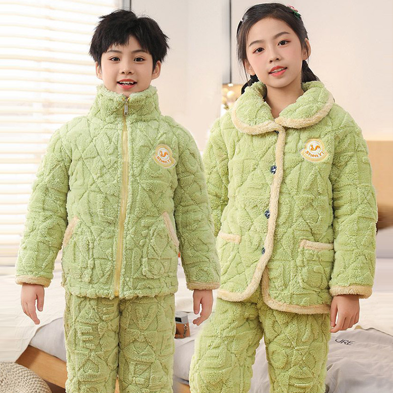 儿童冬季法兰绒睡衣拉链款男女童三层夹棉加厚家居服套装翻领中领