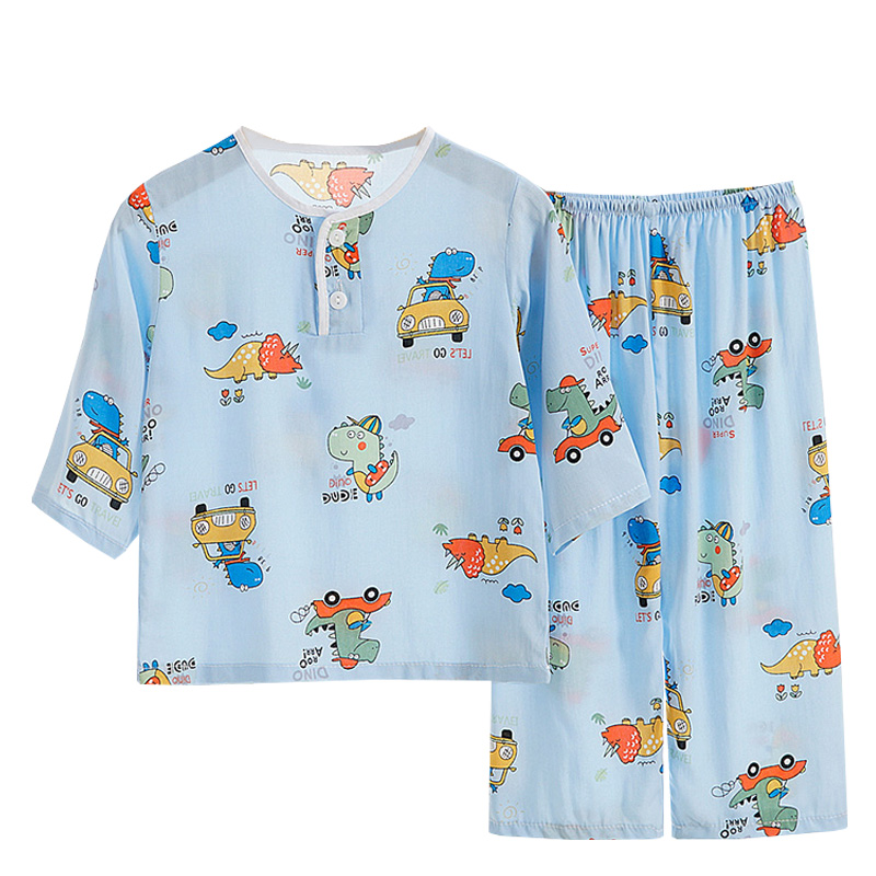 儿童绵绸睡衣夏季棉绸家居服卡通空调服套装