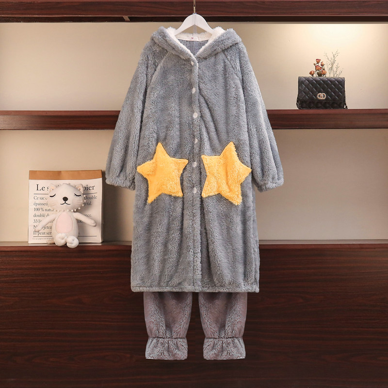 大码200斤珊瑚绒加肥宽松长款睡袍 夕照兰睡袍/浴袍