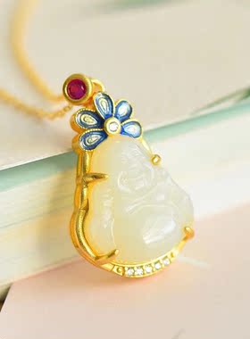 天然S925银镶和田玉弥勒佛锆石配珐琅吊坠礼物饰品原创设计女包邮