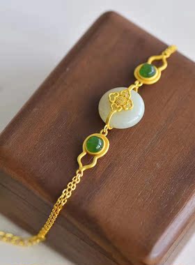 天然银镶和田玉平安扣福寿如意手链原创设计网红款礼物饰品附证书