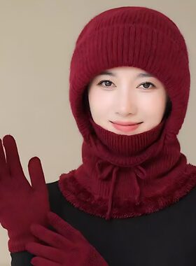 帽子女冬季中老年人妈妈加绒加厚毛线连体帽骑车保暖防风棉帽围脖
