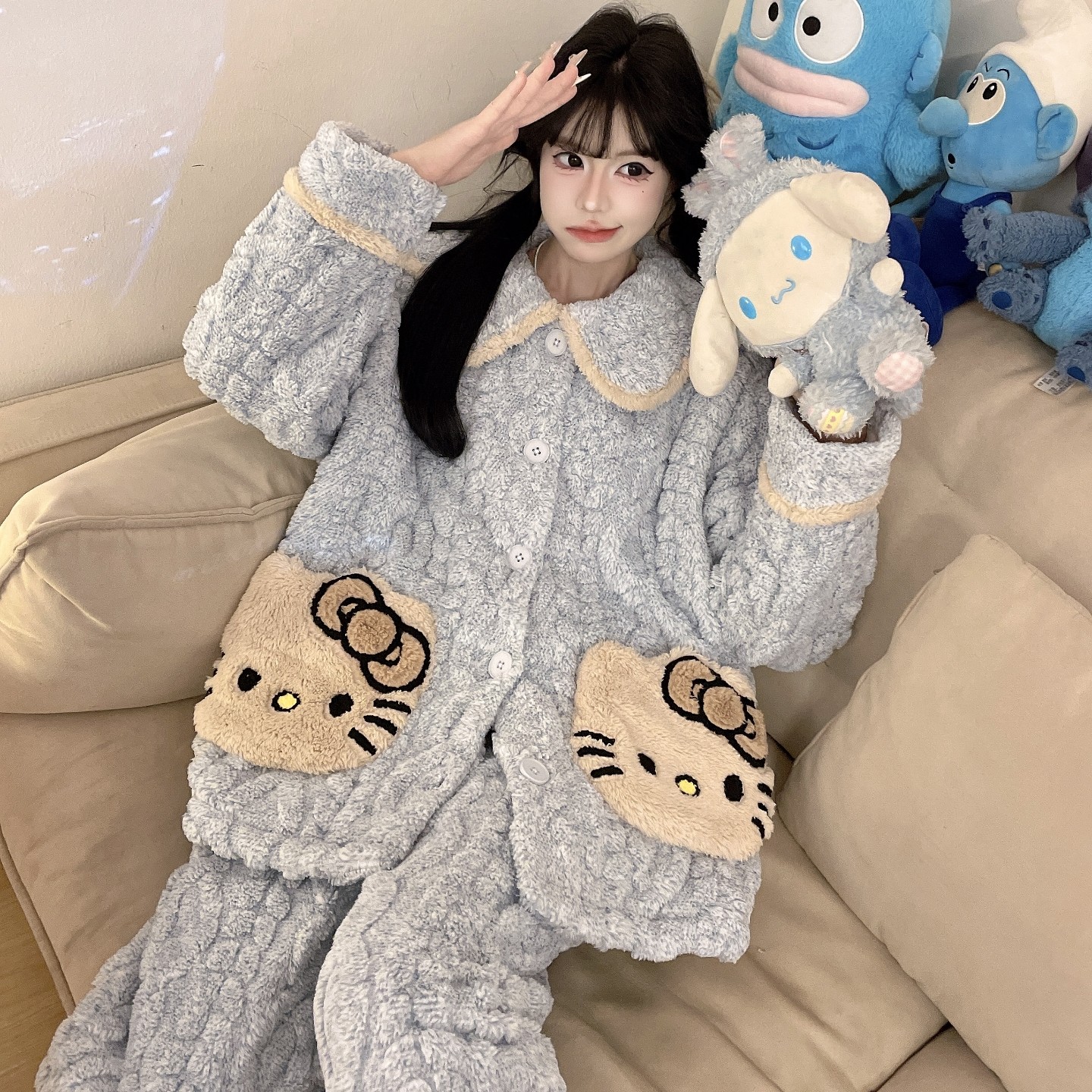 女士卡通睡衣珊瑚绒秋冬款加厚加绒开衫加大码宽松保暖家居服套装,淘宝优惠券,粉丝福利购,淘宝优惠卷