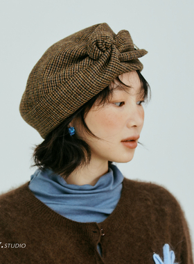 FUCHEMA 复古格纹羊毛贝雷帽女秋冬文艺画家帽显脸小韩版百搭帽子