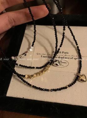 天然石黑色水晶串珠项链女轻奢小众设计感叠戴锁骨链冷淡风颈链潮