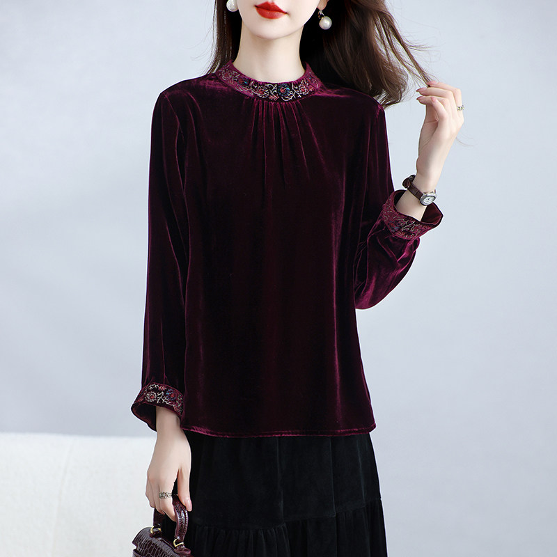 婚宴真丝丝绒上衣女装九分袖桑蚕丝T恤刺绣国风遮肉妈妈外套春秋,淘宝优惠券,粉丝福利购,淘宝优惠卷