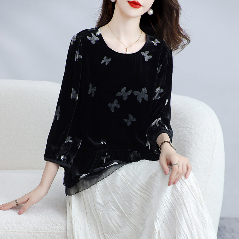 高端真丝丝绒上衣女圆领桑蚕丝T恤印花收腰显瘦别致妈妈外套春秋,淘宝优惠券,粉丝福利购,淘宝优惠卷