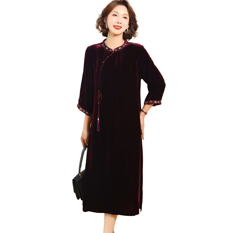 高级婚宴真丝丝绒连衣裙女喜婆婆桑蚕丝裙子妈妈装新中式气质春秋