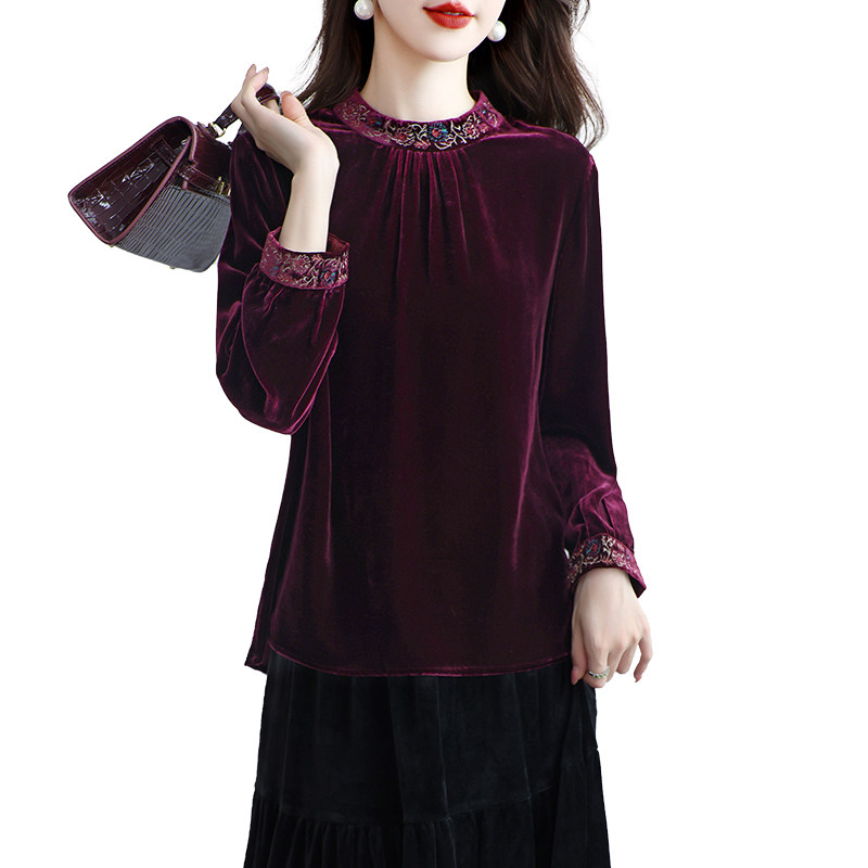 婚宴真丝丝绒上衣女装九分袖桑蚕丝T恤刺绣国风遮肉妈妈外套春秋,淘宝优惠券,粉丝福利购,淘宝优惠卷