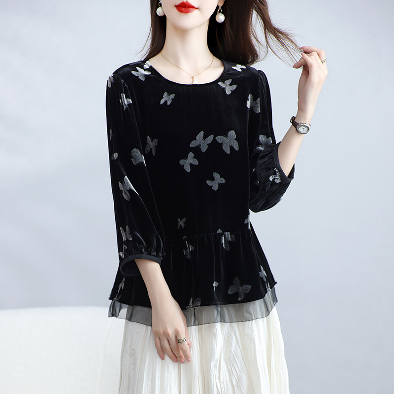 高端真丝丝绒上衣女圆领桑蚕丝T恤印花收腰显瘦别致妈妈外套春秋,淘宝优惠券,粉丝福利购,淘宝优惠卷