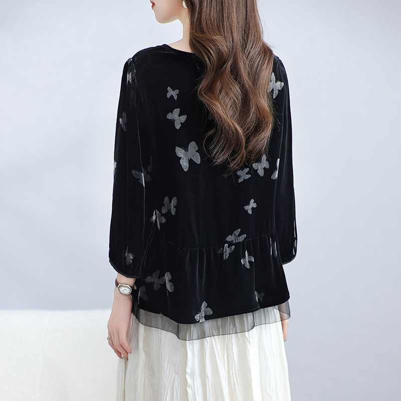 高端真丝丝绒上衣女圆领桑蚕丝T恤印花收腰显瘦别致妈妈外套春秋,淘宝优惠券,粉丝福利购,淘宝优惠卷