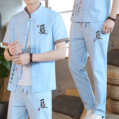 Летний комплект, кардиган, хлопковое ханьфу, из хлопка и льна, китайский стиль, с вышивкой, короткий рукав