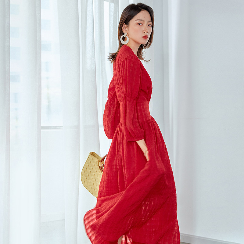 红色连衣裙复古赫本风秋季大长裙子 竹依依连衣裙