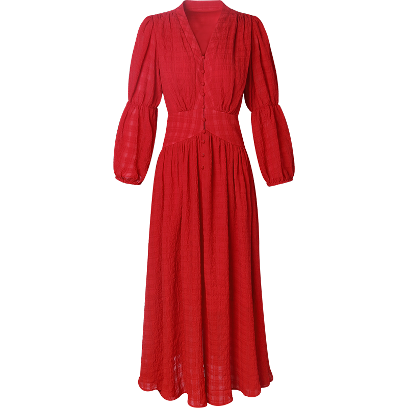 红色连衣裙复古赫本风秋季大长裙子 竹依依连衣裙