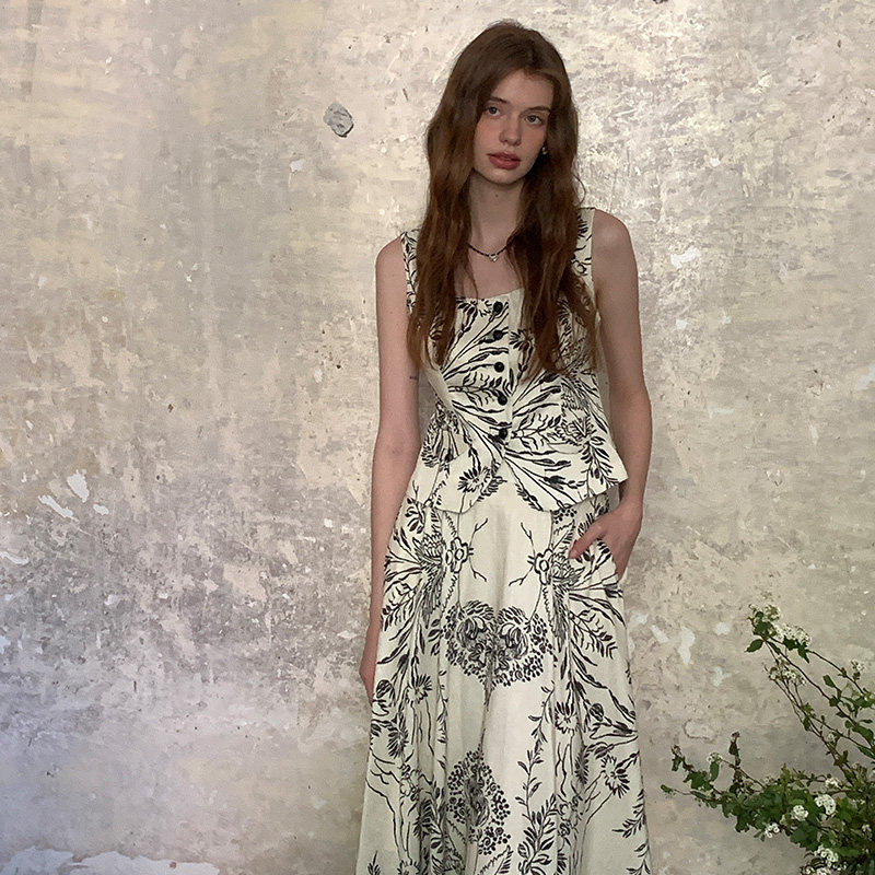 竹依依法式原创高级感印花吊带上衣+中长款大摆半身裙两件套装女,淘宝优惠券,粉丝福利购,淘宝优惠卷